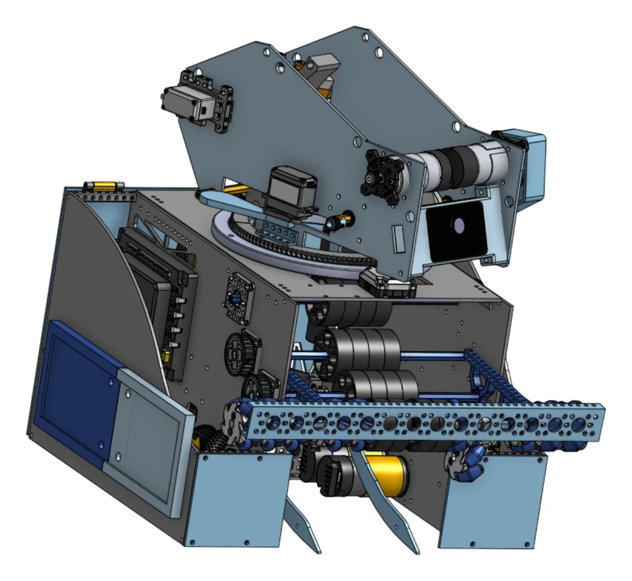 CAD render of GNCE Mercury's DECODE robot with its intake, transfer, and turret shooter
