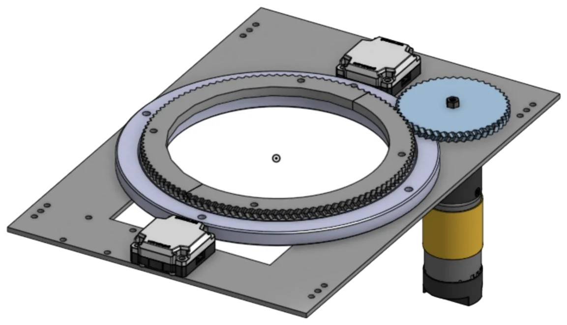 CAD of the turret top plate, lazy susan, and herringbone gear
