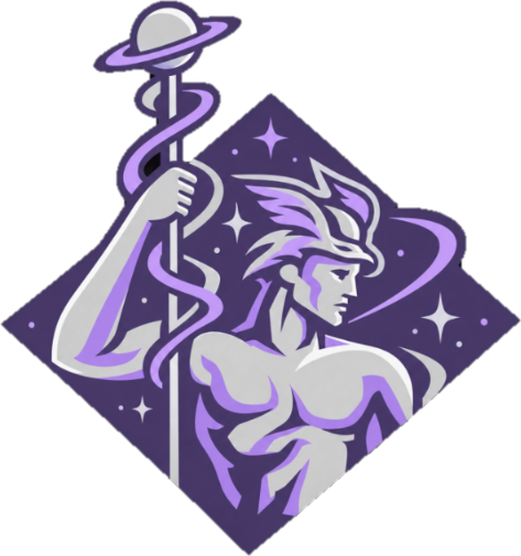 GNCE Mercury logo: the god Mercury holding a staff inside a lavender diamond