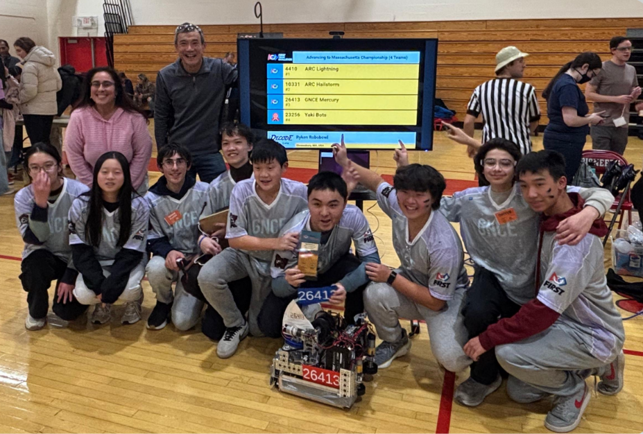 GNCE Mercury team with our robot at the Ryken RoboBowl, advancing to the Massachusetts Championship